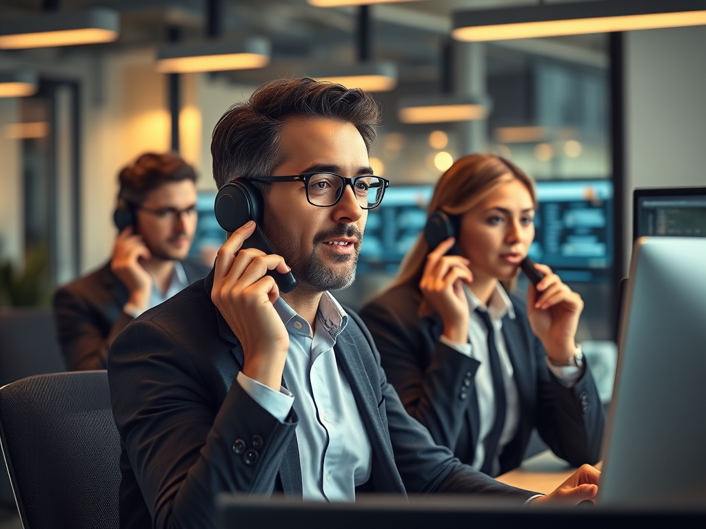 A professional team of salespeople making cold calls in a modern office, wearing business attire and headsets, focused on their computer screens.
