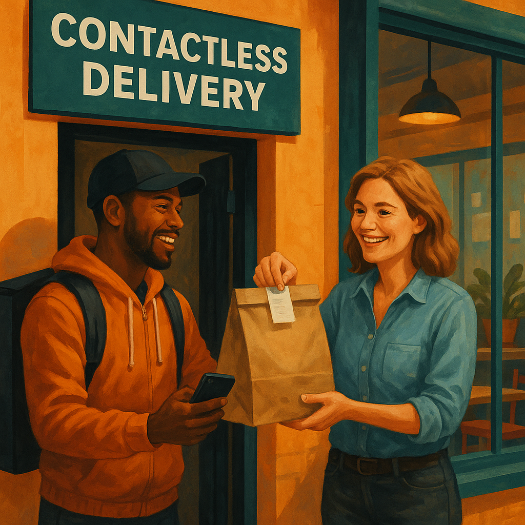 A man receiving a delivery bag from a woman at a restaurant entrance with a sign that reads 'CONTACTLESS DELIVERY'.