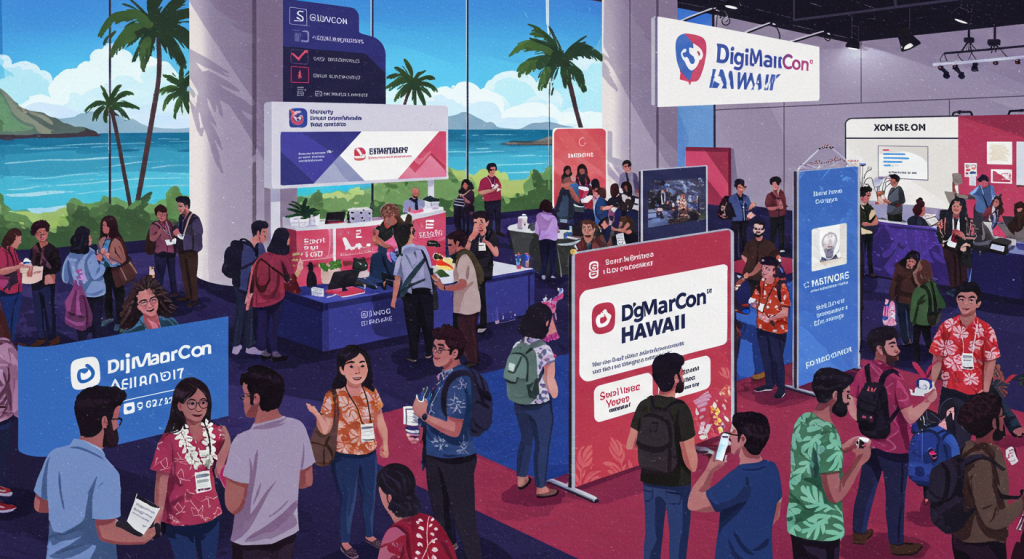 An illustration of a busy conference hall for DigiMarCon Hawaii, featuring attendees engaged in discussions, with booths showcasing various sponsors and the ocean visible in the background.
