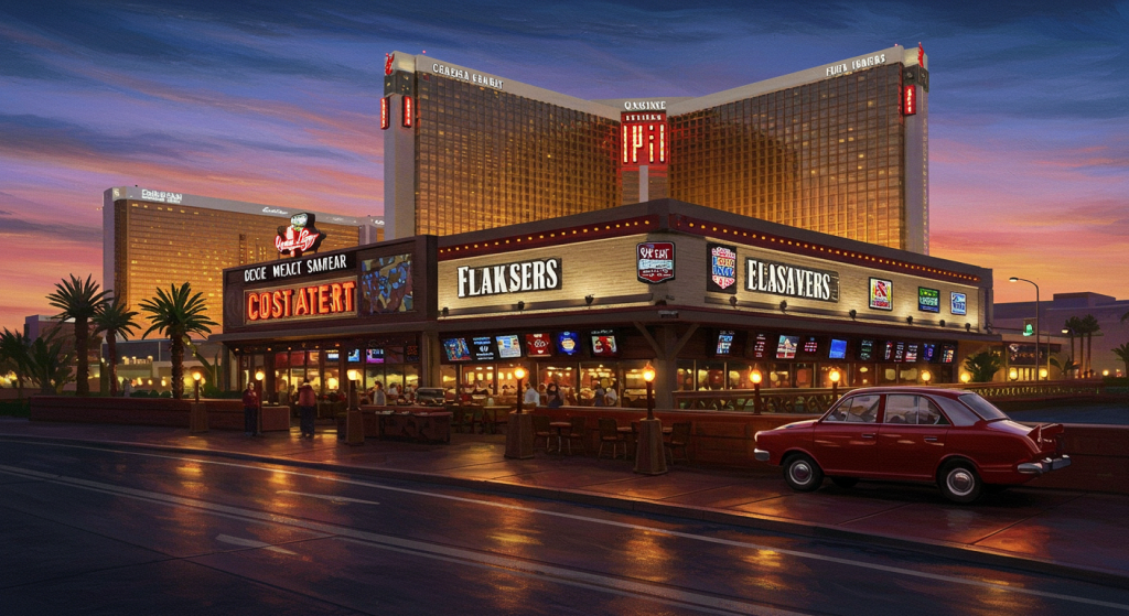 An artistic rendering of a restaurant exterior in Las Vegas, featuring neon signage and outdoor seating, with a vibrant sunset in the background.