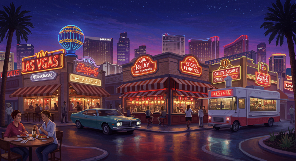 An illustrated scene of a vibrant Las Vegas street at night, featuring various restaurants with neon signs, patrons dining at outdoor tables, and a vintage car parked nearby.