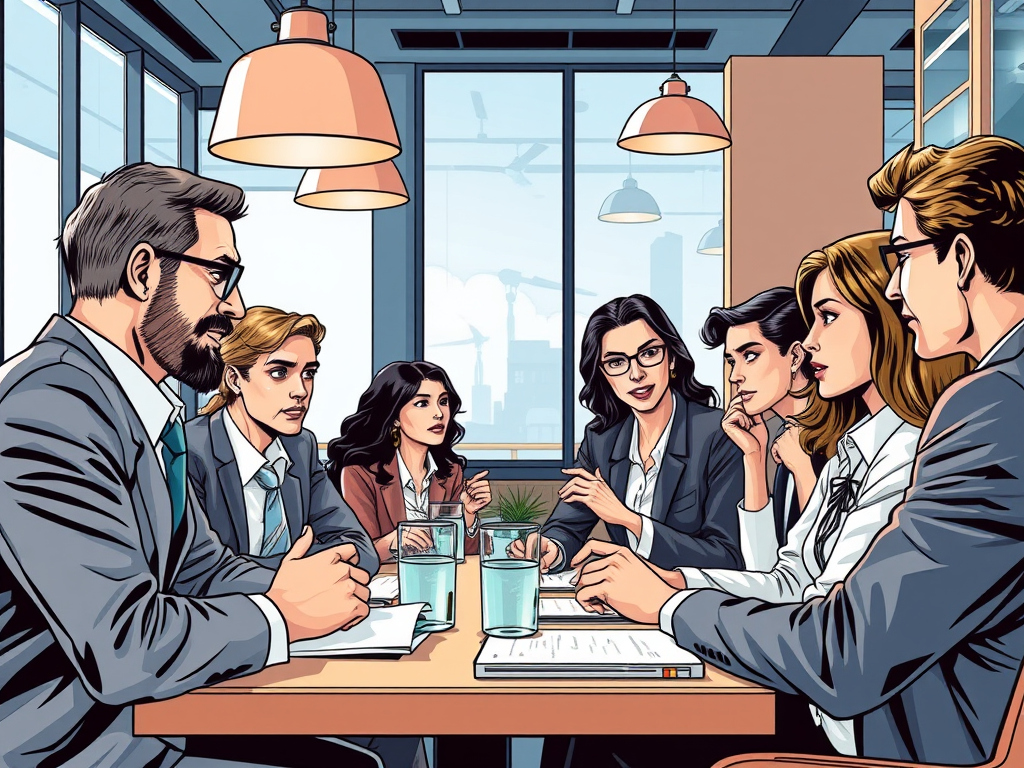 A group of six professionals engaged in a business meeting around a table, featuring a mix of men and women in suits, discussing strategies with documents and glasses of water present.