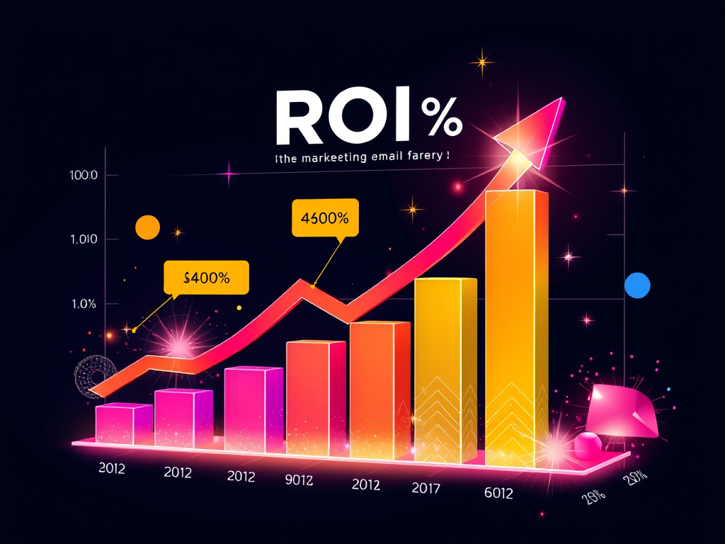 A colorful bar graph demonstrating the increasing ROI percentages of email marketing from 2012 to 2025, highlighting significant growth.