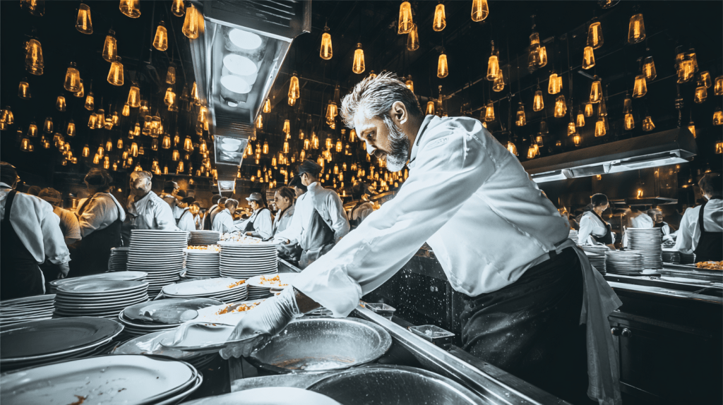 A busy restaurant kitchen with chefs and staff working diligently, washing dishes and organizing plates under warm pendant lighting.