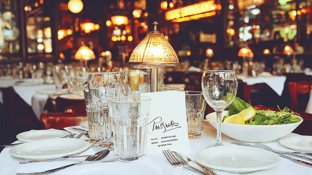A beautifully arranged restaurant table featuring glasses, silverware, and a menu, with a salad bowl and a lamp providing ambient lighting.
